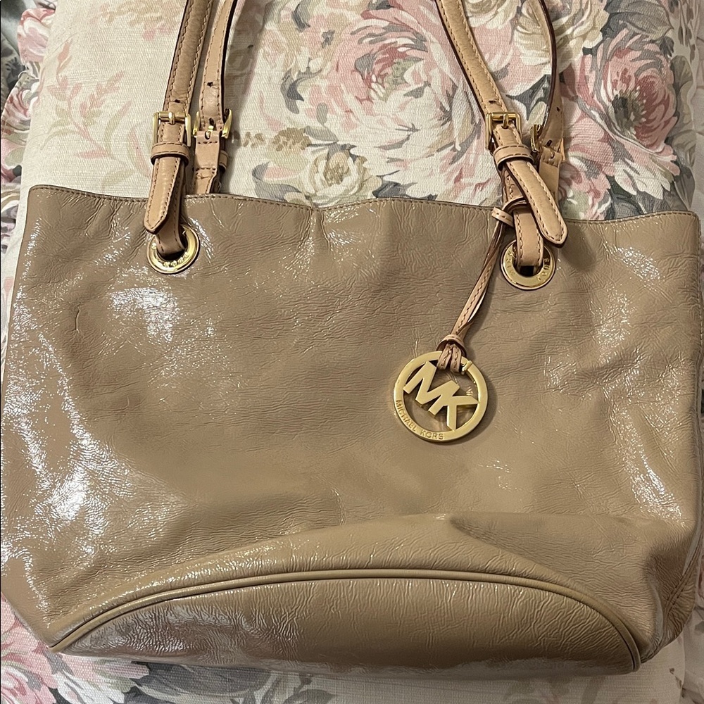 Michael Kors Taupe Patent Leather Tote with Gold MK Charm